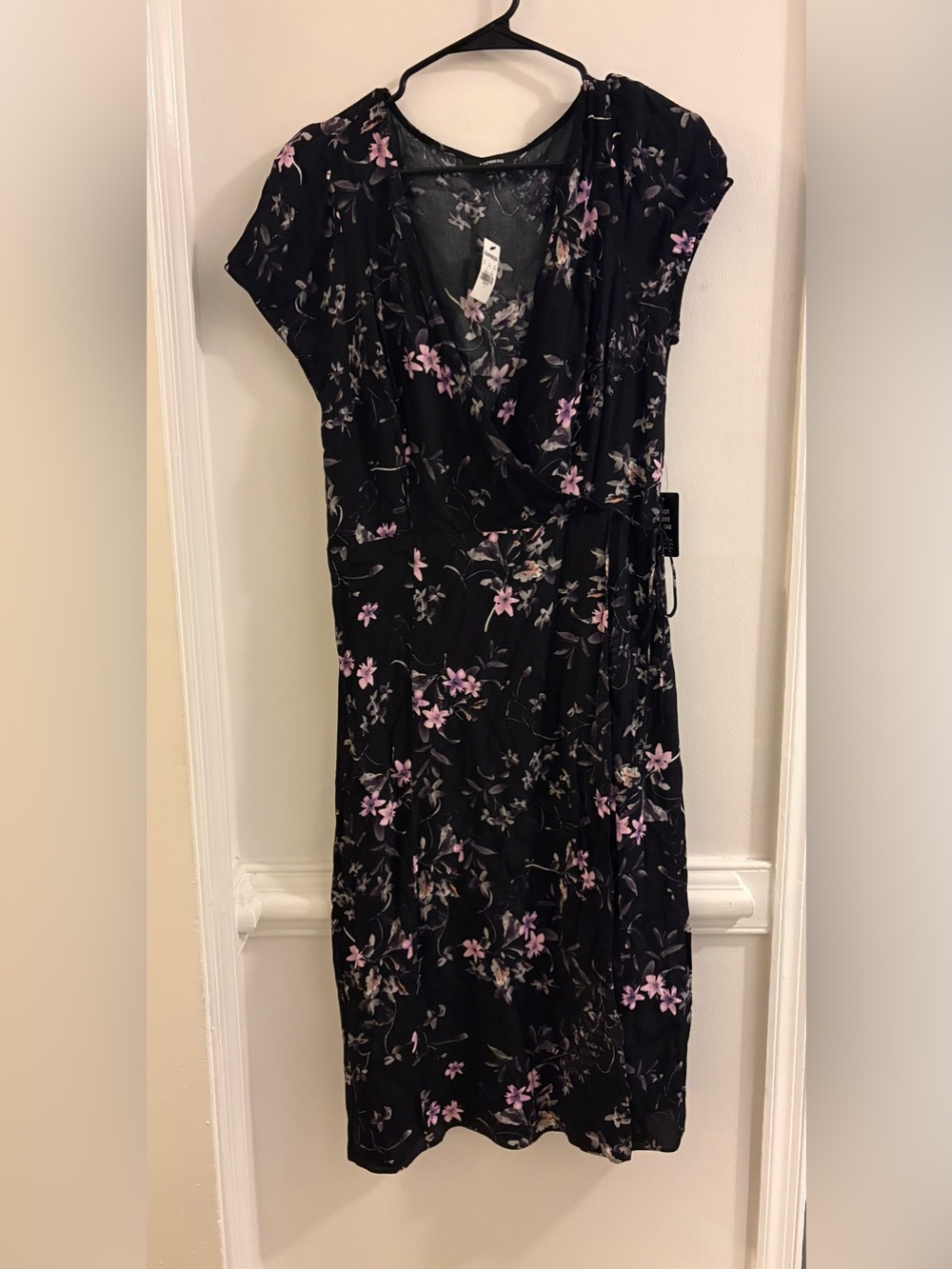Express Black Wrap Midi Dress with Lilac Floral